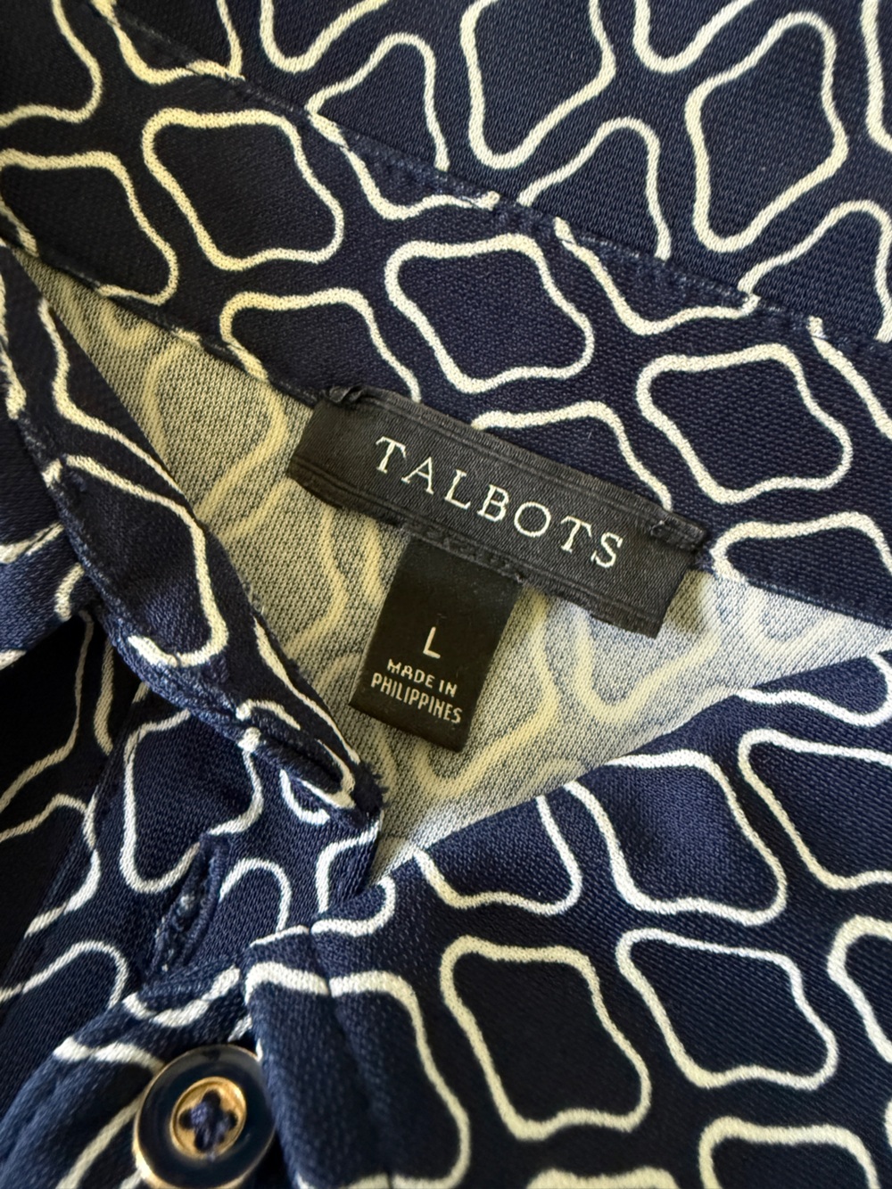 Talbots Navy and White Geometric Tie-Waist Long Sleeve Shirt Dress Large - Picture 7 of 12
